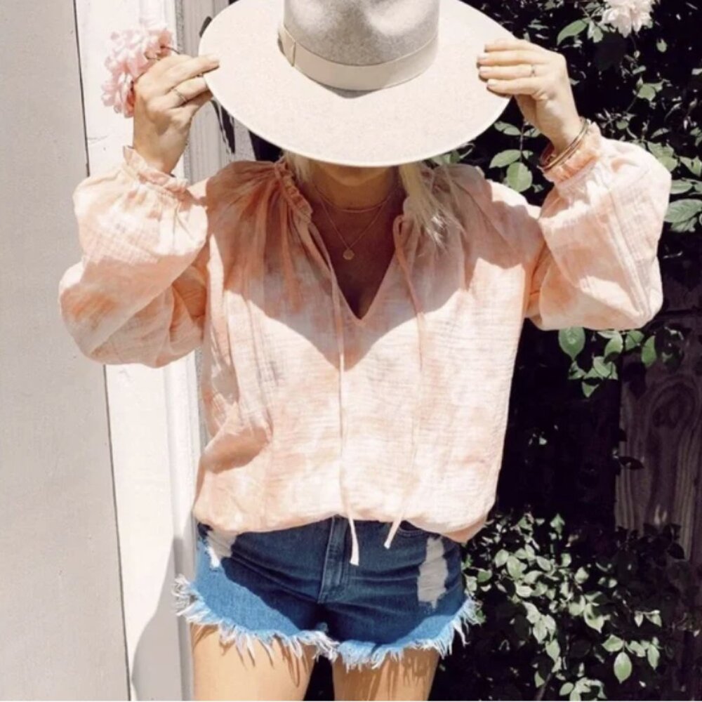 Show Me Your MuMu Pink White Tie Dyeโ Gauzy Cotton Tie Front Blouse Large